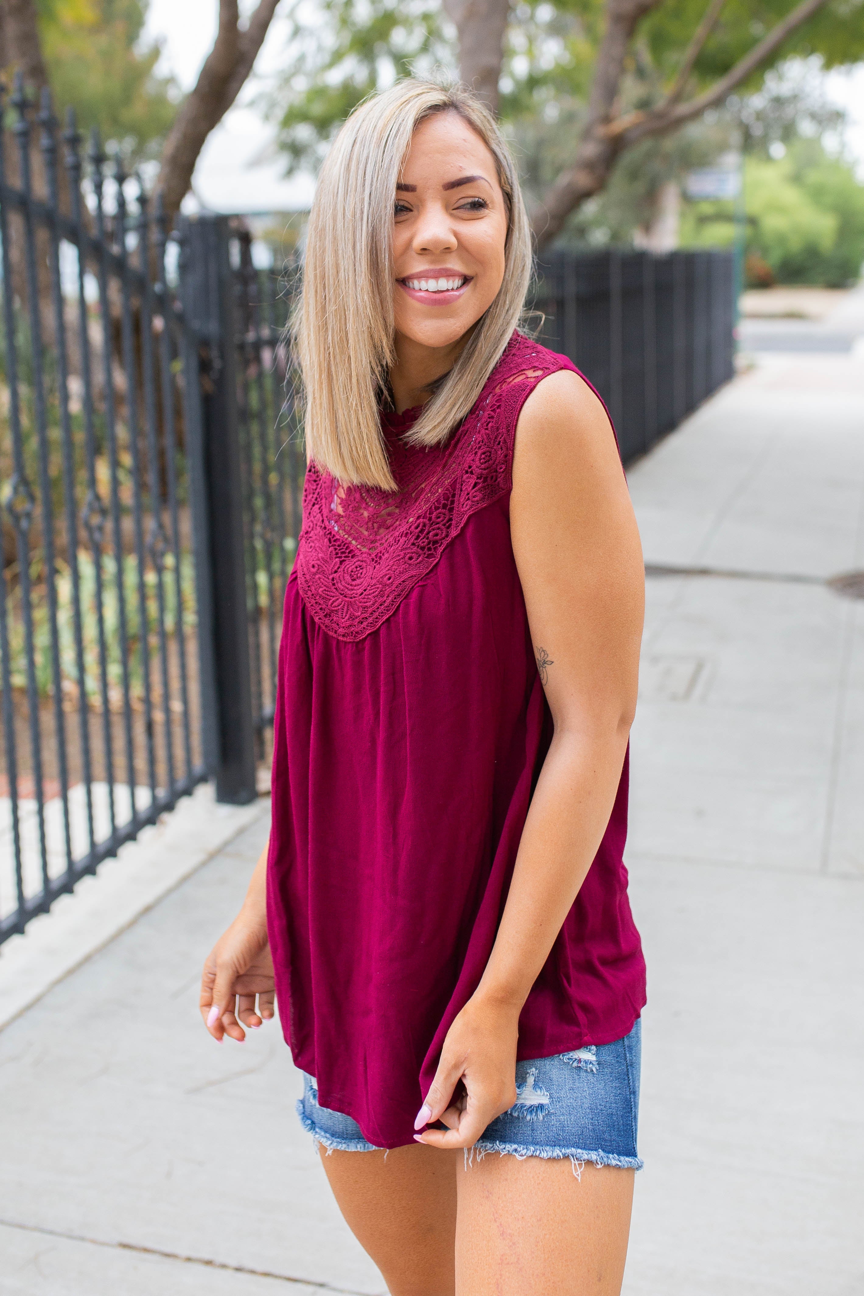 Boho Charm Sleeveless Top in Wine