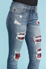 Red Plaid Patched Judy Blue Skinnies